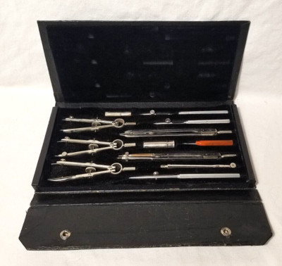 VTG Charvos No 877 Drafting Set - Made in USA COMPLETE 13 pc w Velvet Case