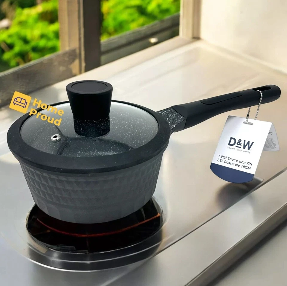 DEANE AND WHITE Premium Saucepan Casserole NonStick With Lid 7 inch 1.9 Qt Black Deane&White New