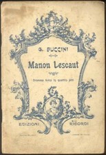 PUCCINI Giacomo. MANON LESCAUT. Libretto d'opera. Ricordi, 1923