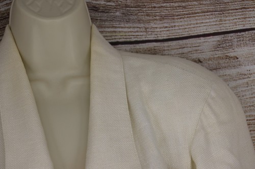 VINTAGE KGR Womens Size 14 Petites Padded Shoulders Linen Blazer Jacket Ivory - Picture 2 of 8