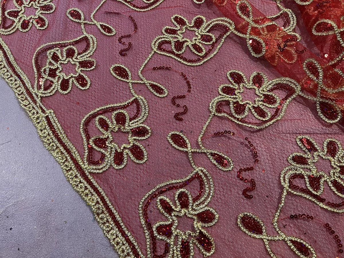 Red Gold Multicolor Sequins embroidery Lace Fabric 50” Width Sold By The  Yard