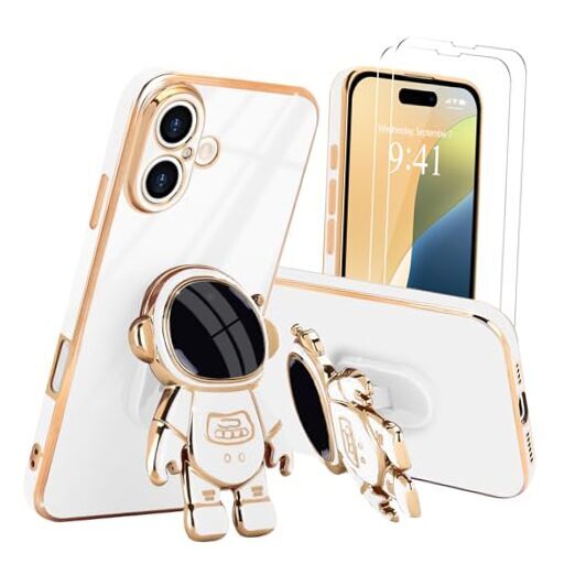for Case, Cute 3D Astronaut Stand with [2 Screen Protector] iPhone 16 White