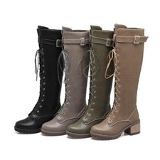 Women's Riding Casual Outdoor Knee High Boots Faux Leather Chunky Heel Zip Shoes