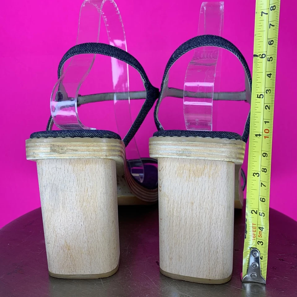 Sandalia Vintage Splash Azul Oscuro Denim Tacón Madera Punta Abierta Talla 10 Foto 4 de 4