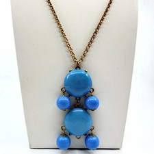 Vintage Retro Cornflower Blue Lucite Cabochon Dangle Pendant Long Necklace Boho