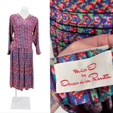 Vintage Miss D Oscar de la Renta Silk Skirt Blouse Set Vibrant Geometric Print