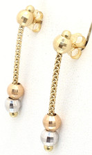 Solid 14k Yellow White Gold Bead Chain Dangle Long Beaded Pierced Earring