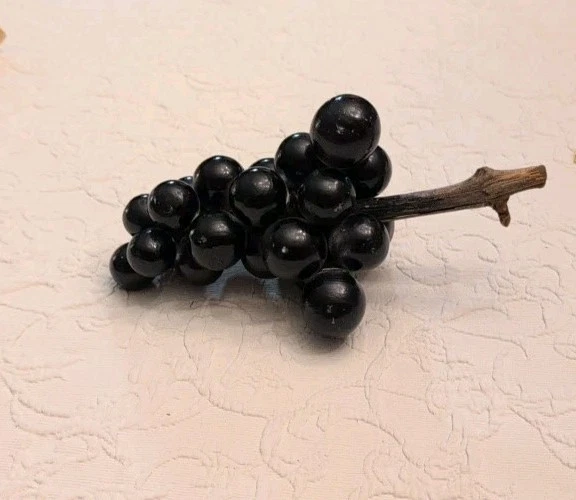 Vintage Italian Alabaster Stone Fruit Grapes Purple Black Cluster Wood Stem - Image 3 of 4