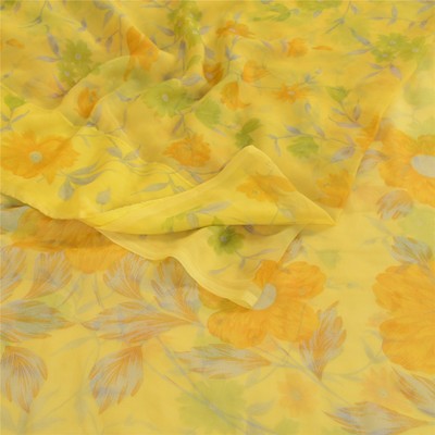Sanskriti Vintage Lemon Green Georgette Sarees Printed Sari Floral Craft Fabric