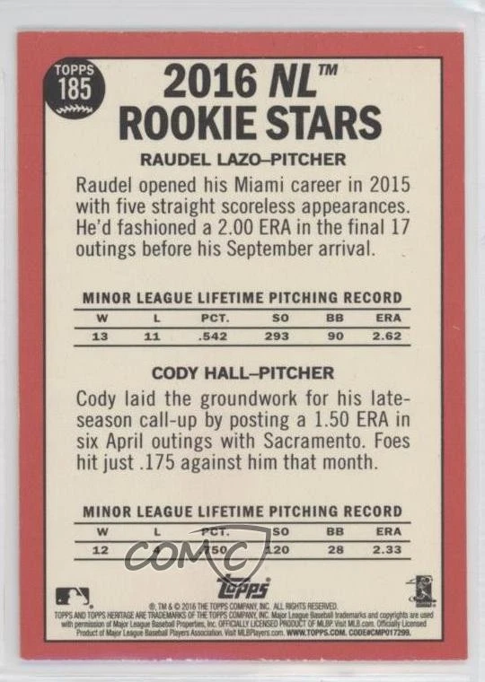 2016 Topps Heritage Stars Red Back Lozo Cody Hall Raudel Lazo #185 Rookie RC - Image 2 of 2