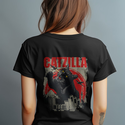 Catzilla Shirt Funny Cat Monster Tee Japanese City Destroyer Graphic Back Print
