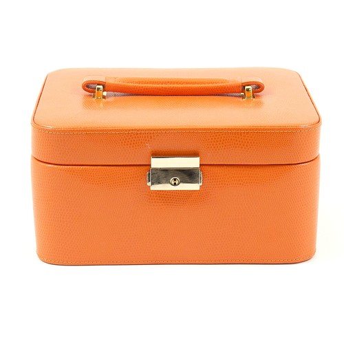 JEWELRY BOXES - ORANGE "LIZARD" LEATHER JEWELRY BOX WITH REMOVABLE TRAVEL CASE - Picture 2 of 3