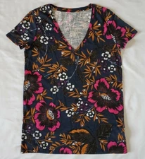 Women's A New Day Medium Navy Blue Floral Summer Shirt V-Neck Short Sleeve 