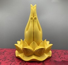Boxwood Carved Buddha Praying Hand Lotus Base Statue Buddhism Zen Home Decor