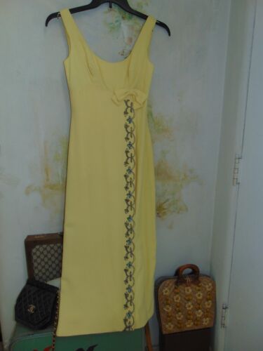 Vintage 1950s Beaded Crepe Evening Gown Wiggle Wrap Yellow Maxi Shelf Bust Dress - Picture 2 of 9