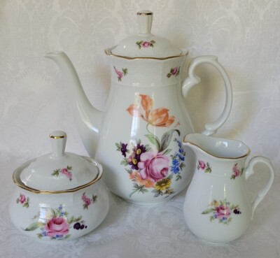TK THUN CZECHOSLOVAKIA 3 Pc. COFFE SET DRESDEN FLOWERS &GOLD, BOHEMIA PORCELAIN