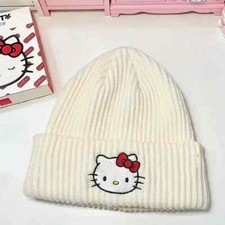 Hello Kitty White Hat, Beanie Embroidered Cute Cozy One Size Fits All - NEW