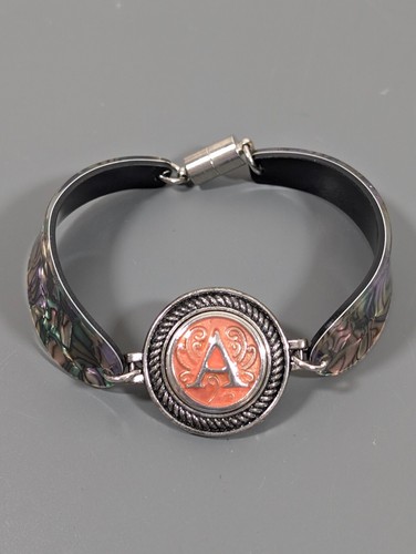 Faux Abalone Shell Initial Letter A Snap Charm Magnetic Clasp Bracelet 7 in