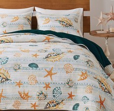 KONA TROPICAL 3pc King QUILT SET : BEACH HOUSE COASTAL OCEAN SHELL STARFISH FISH