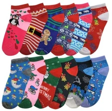 Women Santa Winter Christmas Design Low Cut Ankle Socks (12 Pairs)