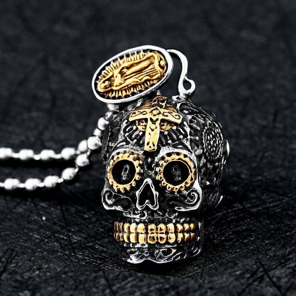 Mens Gothic Gold Plated Tone Biker Skull Pendant Necklace