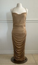Women's Cowl Neck Spaghetti Strap Dress / Size Small / Tan Bodycon