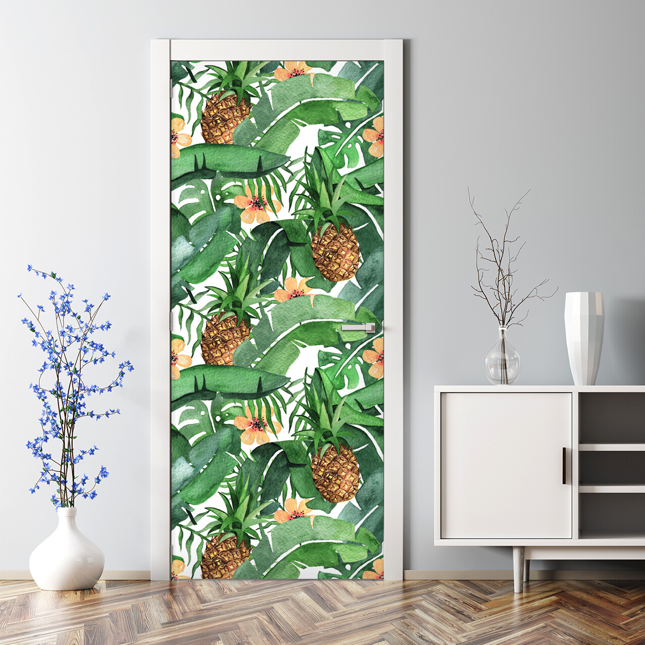 Tropical Leaves Pineapple Bubble-Free Self-Adhesive Door Decal for Home Decor