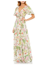 MAC DUGGAL 9079 FLORAL PRINT FAUX WRAP FLUTTER SLEEVE EMBELLISHED A-LINE GOWN 8