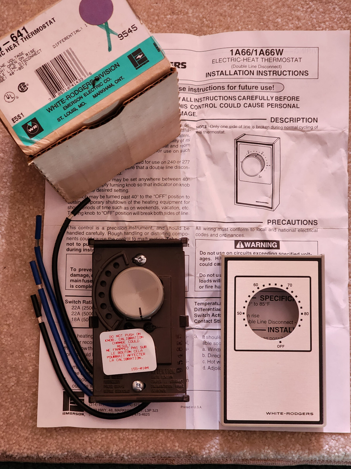WHITE-RODGERS 1A66-641 Electric Heat Wall Thermostat Line Voltage 40-85F  1A66641 | eBay