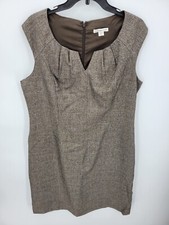 Coldwater Creek Dress Womens 16 Brown Plaid Suiting Split Neck Pleated Neckline