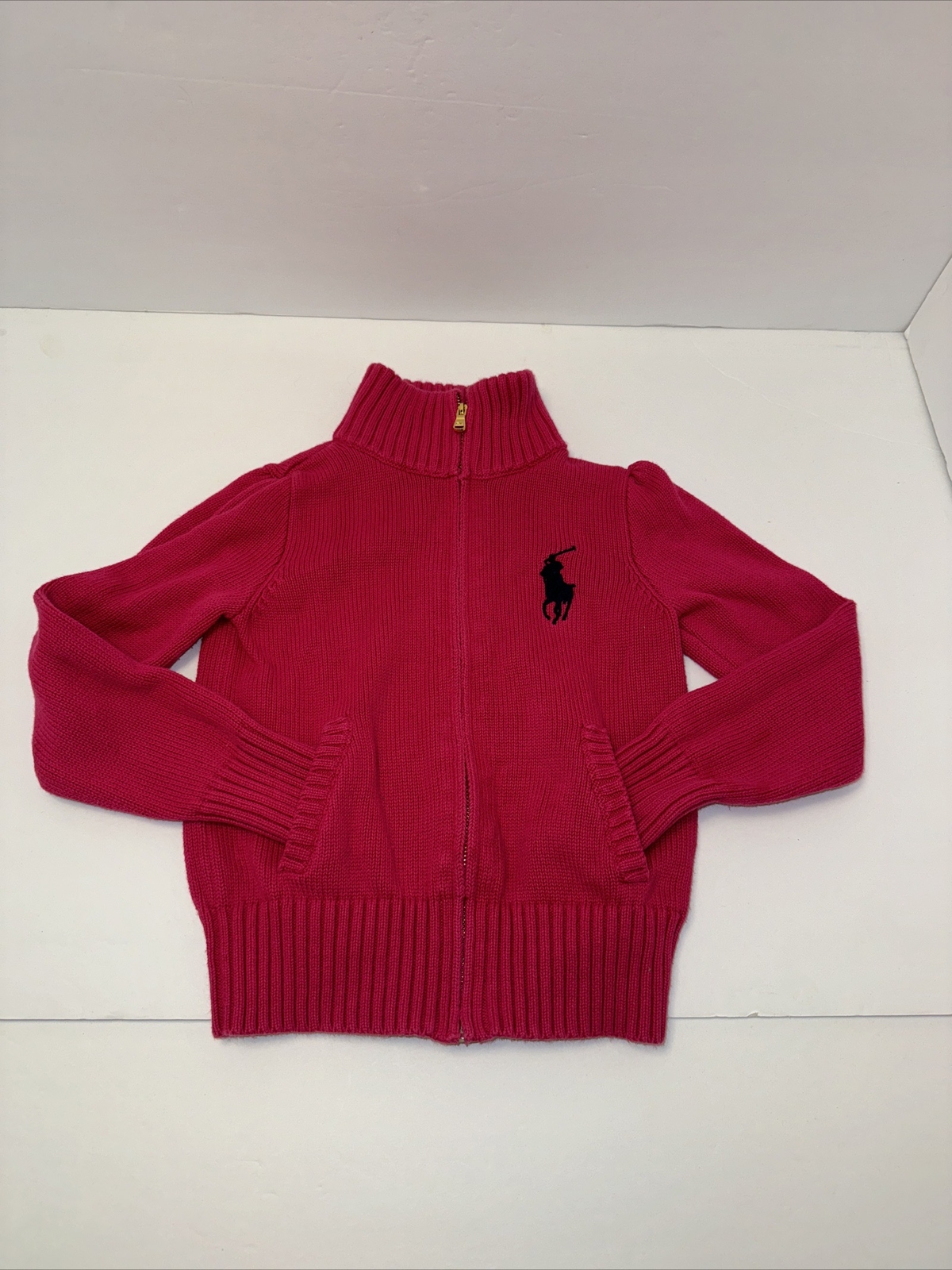 POLO RALPH LAUREN giacca a maglia ragazze bambini taglia 6 rosa cerniera intera logo pony grande.