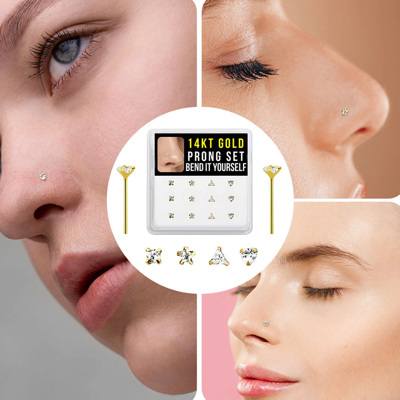 14K Solid Gold 22G Custom Bend Fishtail Bendable Nose Stud Ring Clear Crystal CZ Top Nose Piercing Jewelry  11mm for Women Men