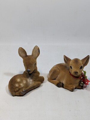2 Vintage Flocked Deer Brown Doe Fuzzy Spotted Fawn Figurine Laying Down 5''