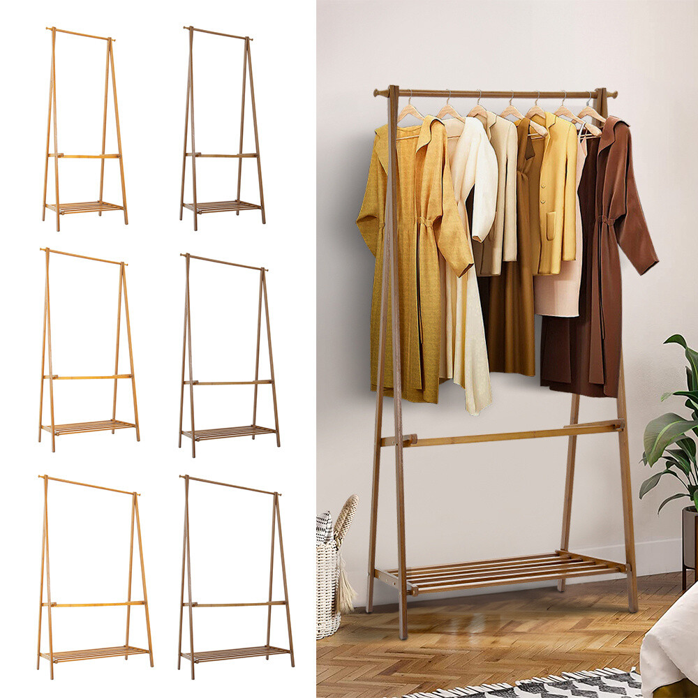 Folding Bamboo Clothes Garment Rack Coat Hanging Stand Open
