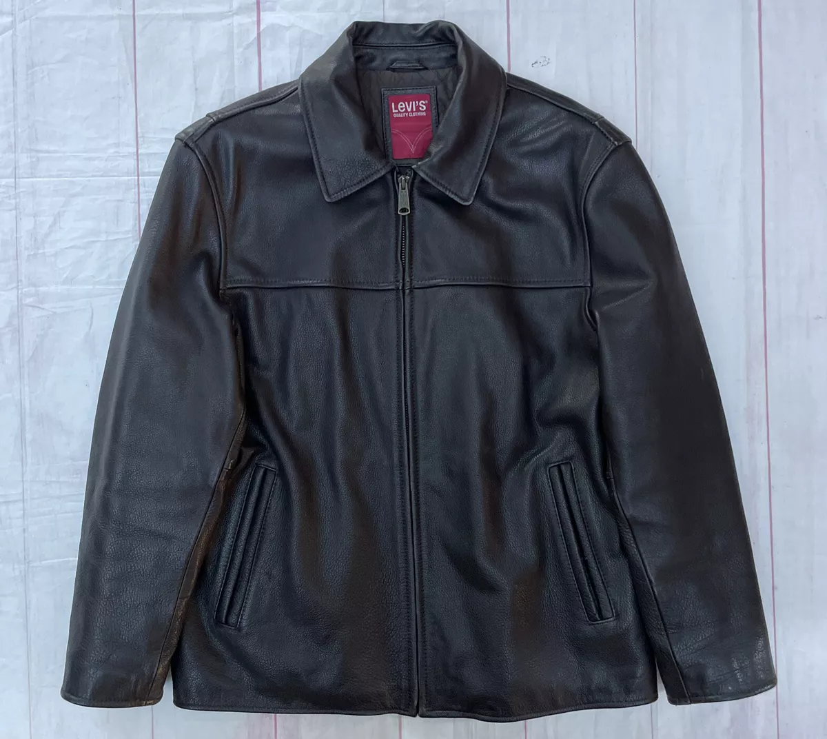 Levis Genuine Brown Leather Quilted Lined Jacket Vintage Mens Large