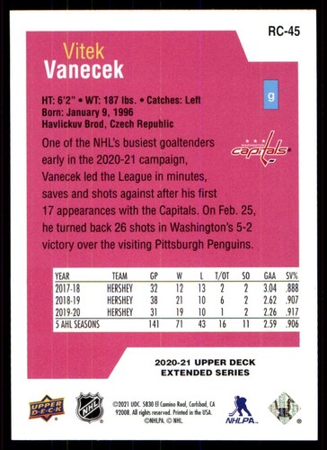 2020-21 Upper Deck Rookie Class Vitek Vanecek RC #RC-45 - Picture 2 of 2