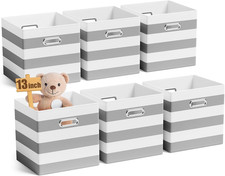 6 Pack 13" Striped Fabric Storage Cubes with Handles - Collapsible Organizer Bin