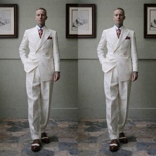 Vintage Double Breasted Men Suits Linen 2Pcs Peak Lapel Blazer Dinner Party Coat