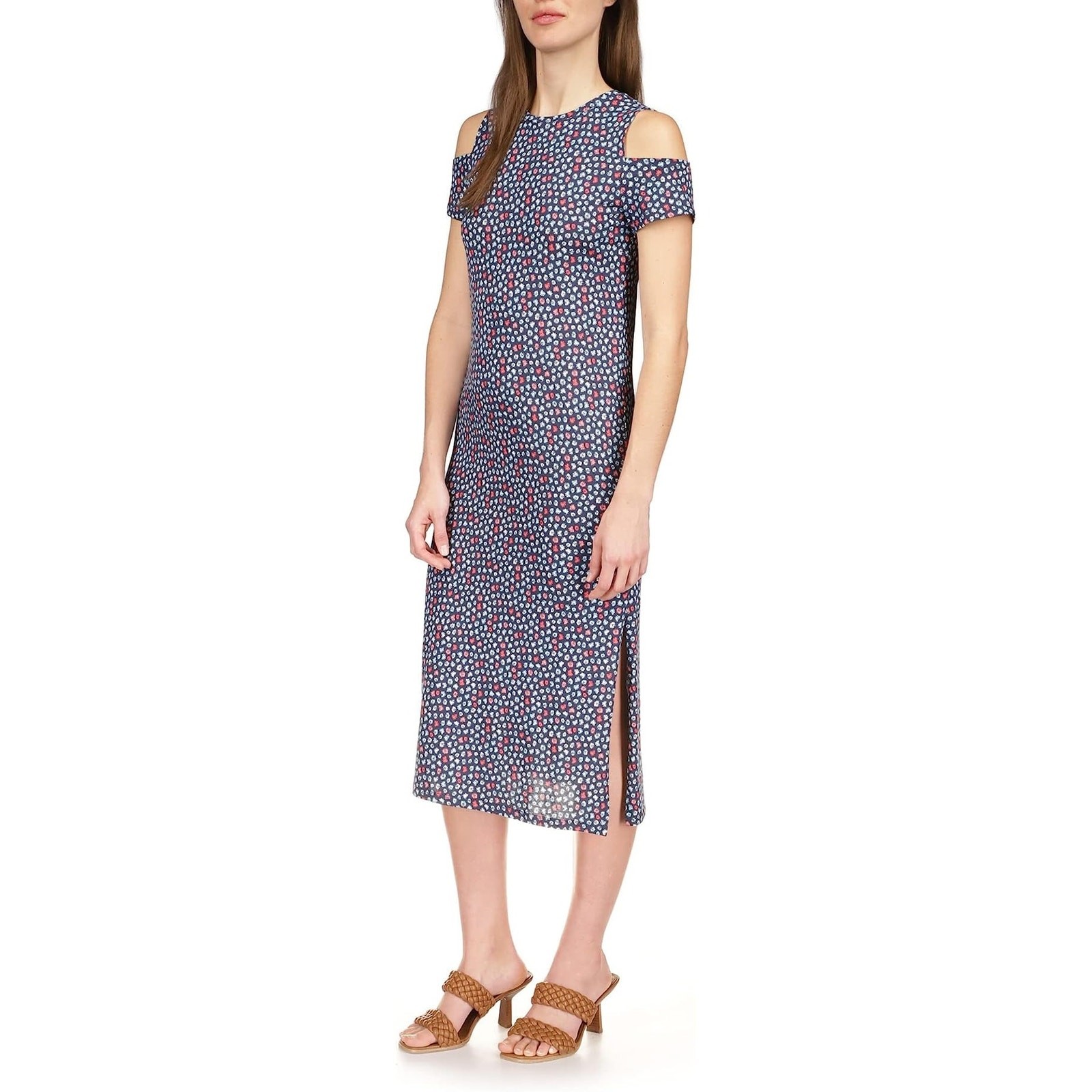 Michael Kors Women Navy Palm Cotton Casual Cold-Shoulder Midi Dress Size S