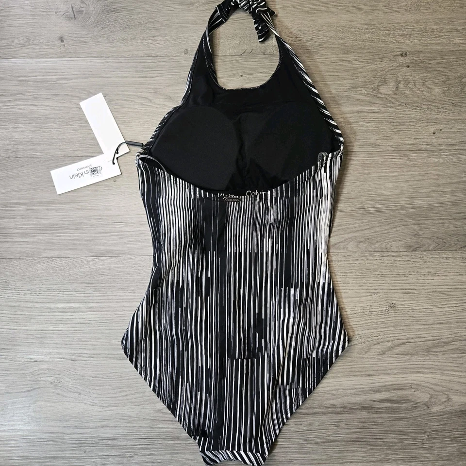 Traje de baño Calvin Klein fruncido negro blanco abstracto halter de una pieza nuevo con etiquetas talla 4 Foto 3 de 4