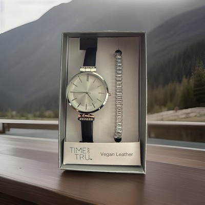 Time and Tru Silver Watch with Crystal Bracelet Set Vegan Leather Black Band