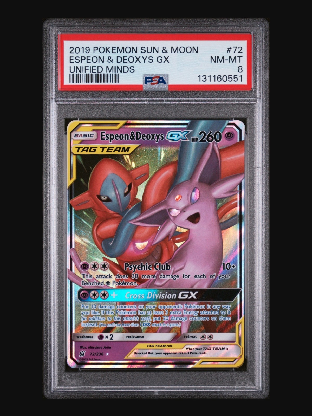2019 POKEMON SUN & MOON UNIFIED MINDS #72/236 ESPEON DEOXYS GX TAG TEAM PSA 8