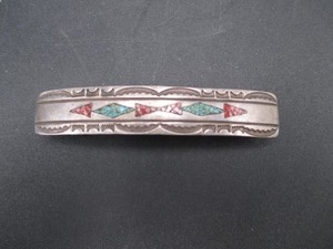 Sterling Silver Hair Barrette Native American Turquoise Coral Inlay Clip VTG