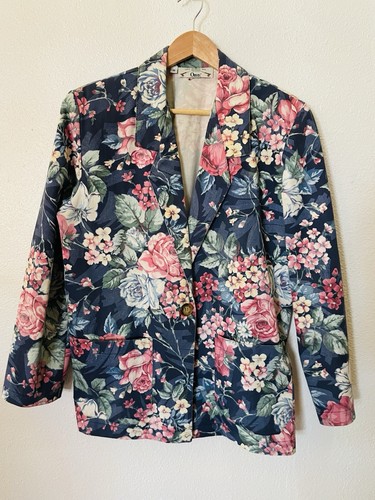Orvis, Vintage Orvis Navy Floral Blazer One Button Cotton Romantic Maximum Tapestry Med