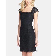 Adrianna Papell Black Lace Sheath Dress Keyhole Back Cap Sleeve Size 16 NEW