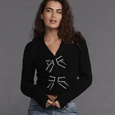 Express NWT Black Embellished Bow V-Neck Cardigan Sweater Women's Sz Large