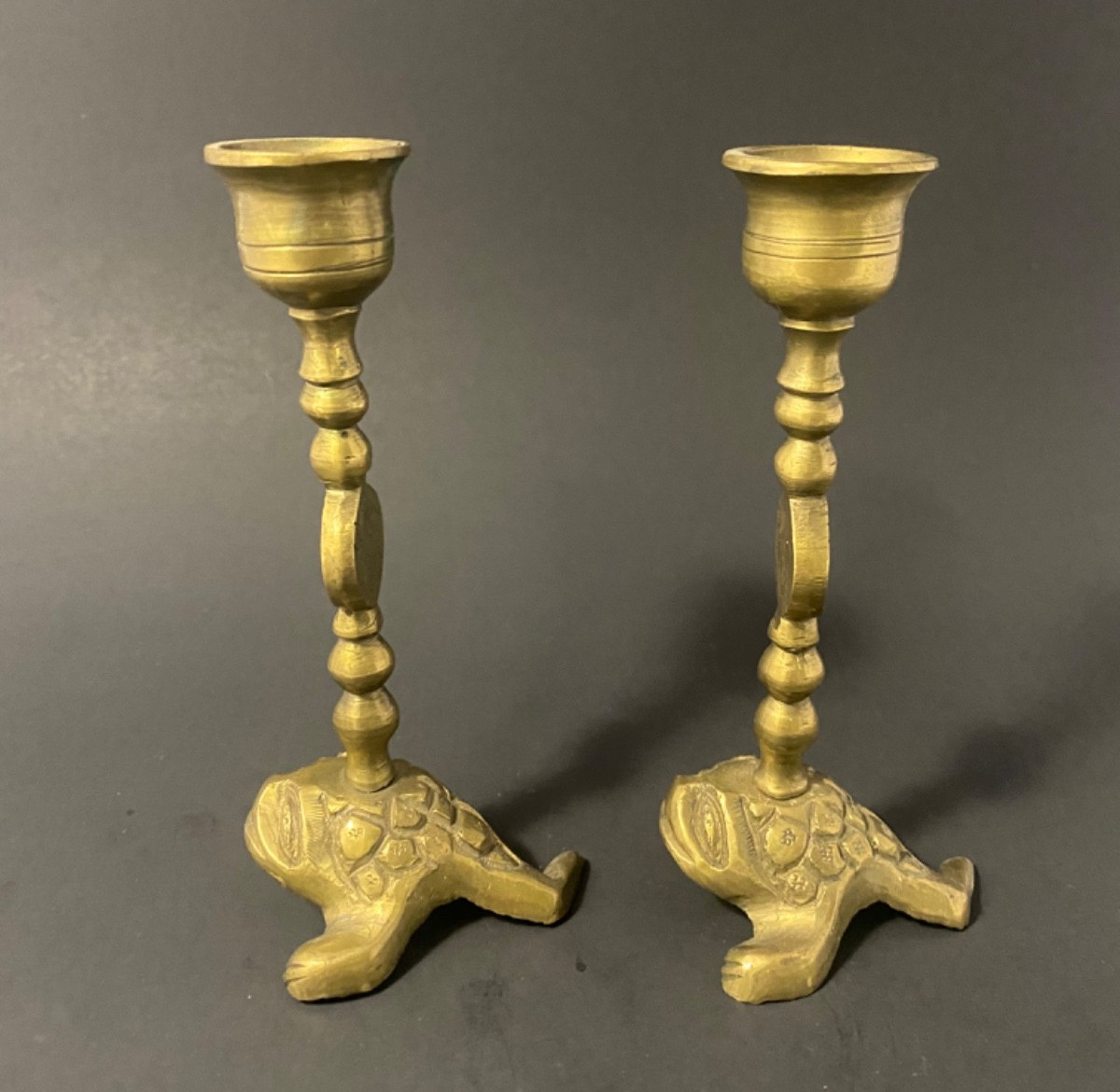 Vintage Brass Candlestick Holder Whimsical Turtle Frog Eclectic Boho Set Of 2