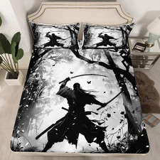 Samurai Print Bed Sheets Black and Grey Fitted Queen Size, Japanese Style Bed...