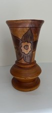Hand carved Wooden Vase Floral Design Etched. 8 1/4  Tall