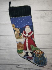 Vintage Needlepoint Christmas Stocking w/ Santa on a roof w/ Reindeer -21.5"
